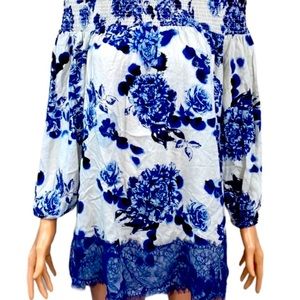 Blue and white off the shoulder tunic top